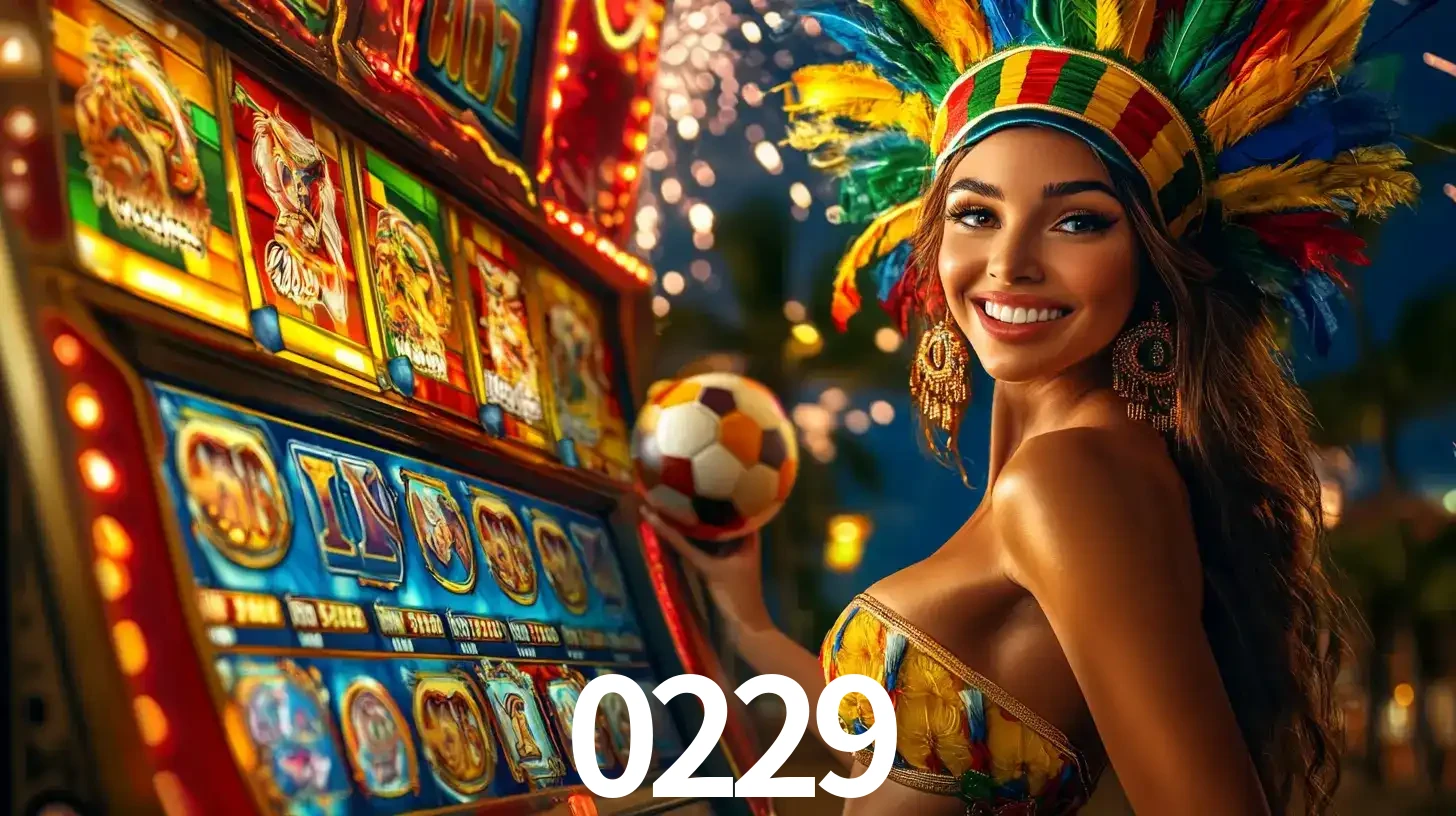 Mulher com um cocar de carnaval ao lado de uma máquina de caça-níqueis enquanto segura uma bola de futebol, mostrando a união da diversão de cassino e esportes no 0229.