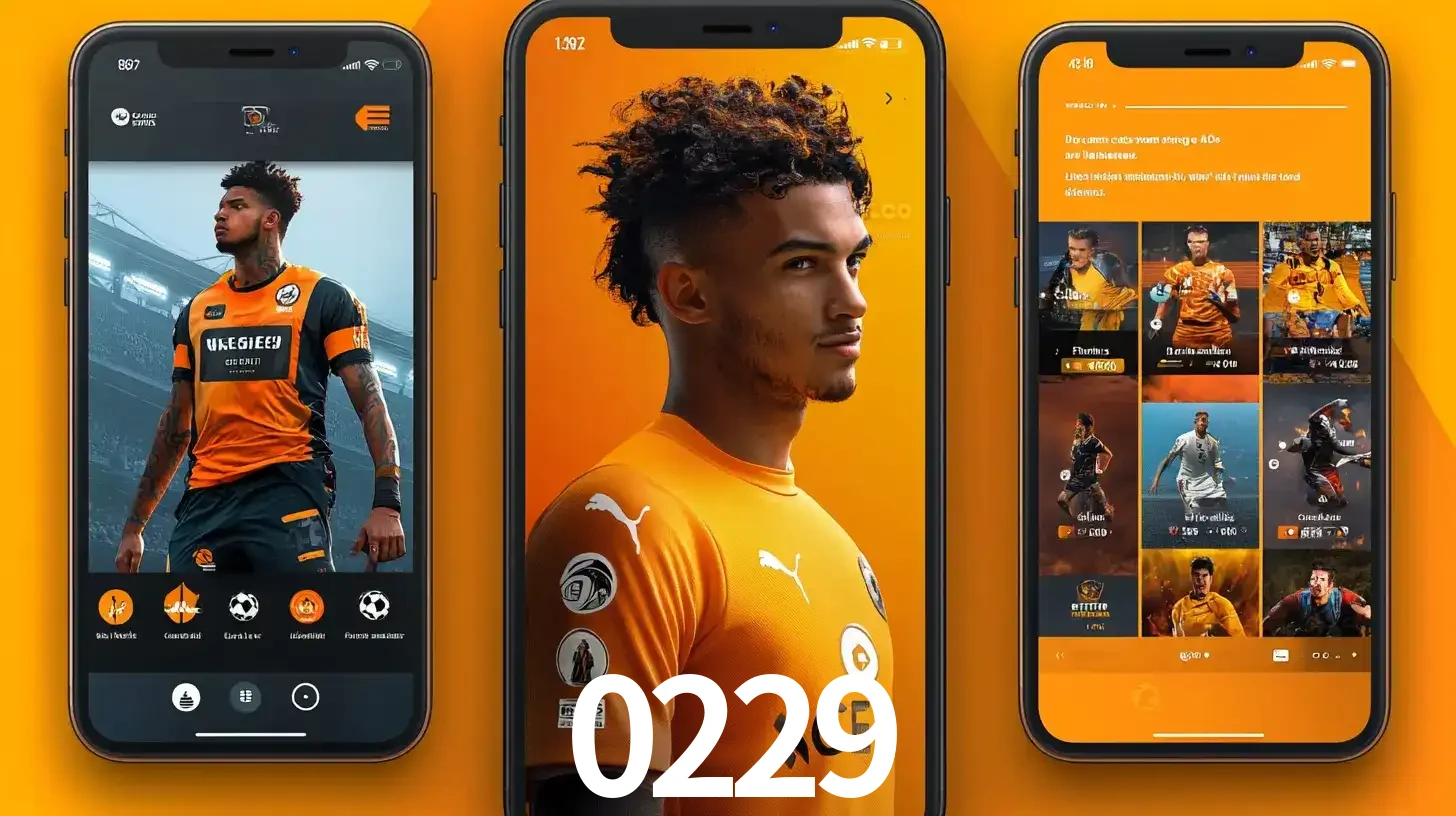 Interface do aplicativo de apostas esportivas 0229 em três telas de celular, mostrando o perfil de um jogador de futebol e a lista de jogos disponíveis para apostar.