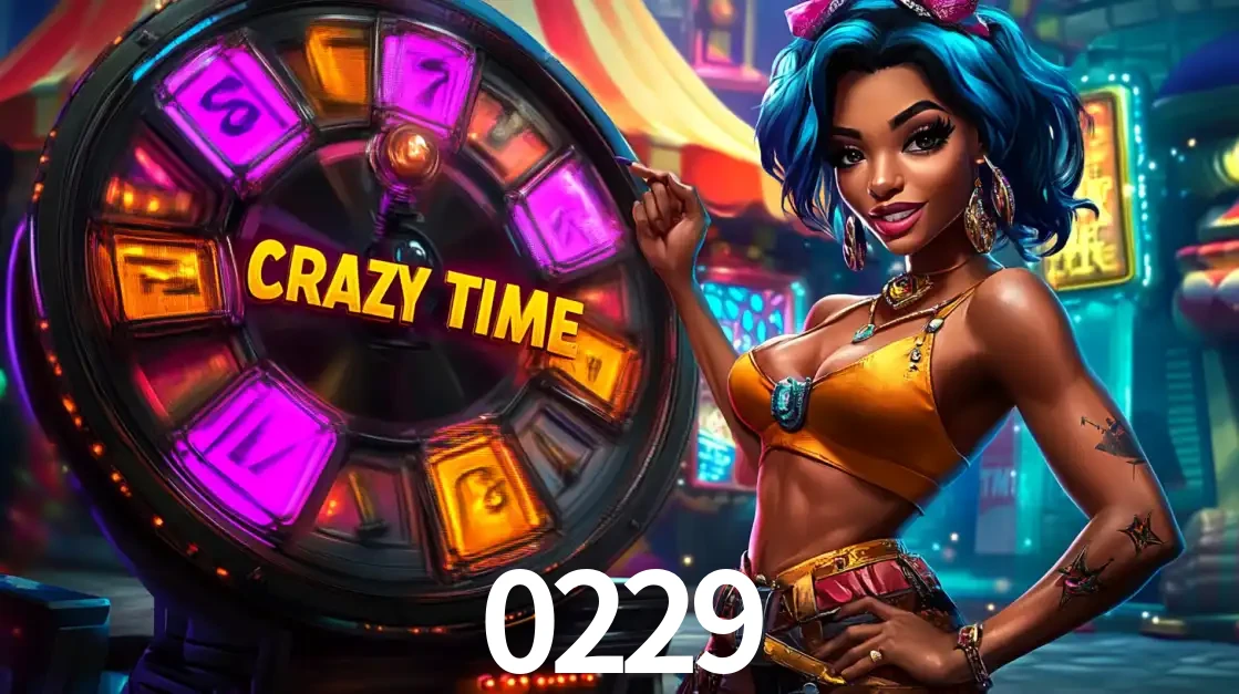 Mulher estilizada com cabelo azul e visual vibrante posando ao lado da roda de prêmios do game show Crazy Time, convidando para a diversão e os bônus do cassino 0229.