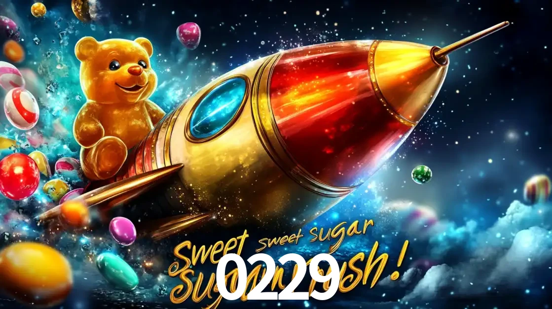 Arte promocional do jogo de slot Sugar Rush, com um urso de pelúcia em um foguete viajando pelo espaço de doces, um dos jogos divertidos disponíveis no cassino 0229.