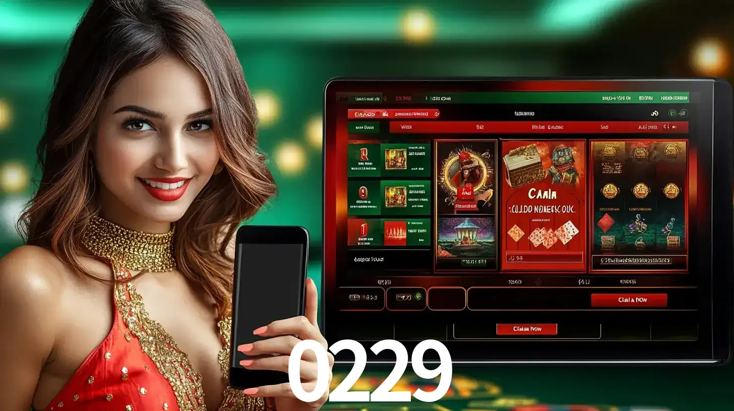 Mulher sorridente segurando um smartphone, ao lado de uma tela exibindo o lobby de jogos do cassino online 0229, com várias opções de jogos de cartas e slots.